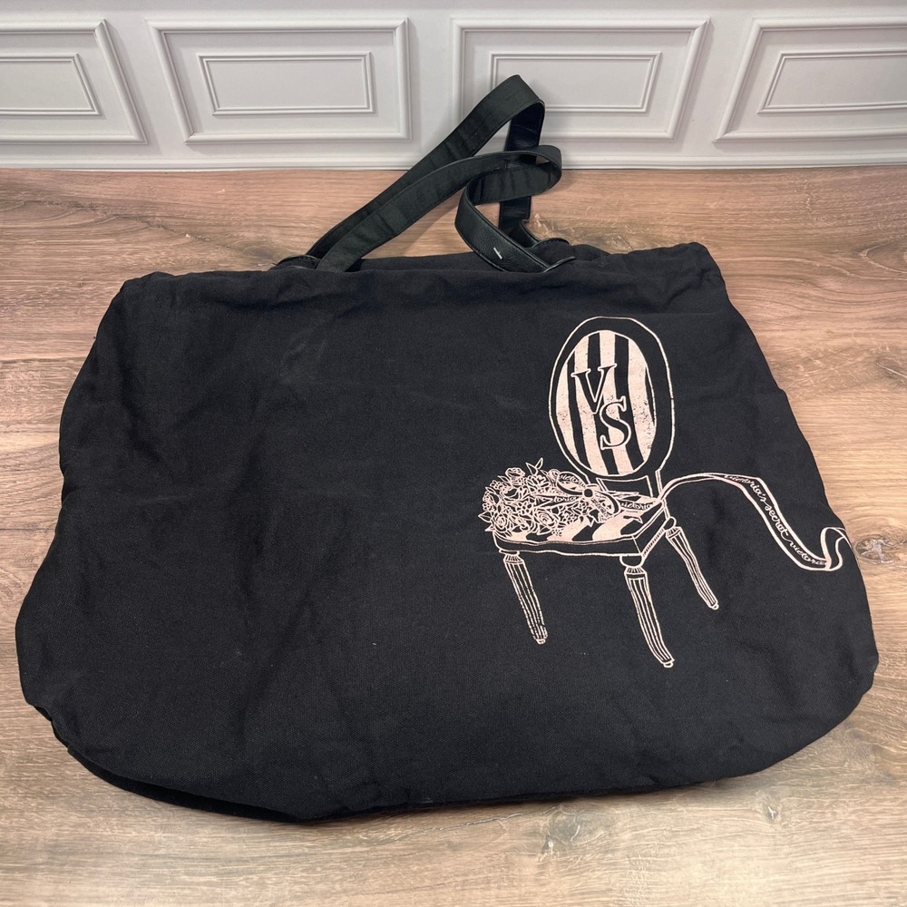 Victoria's Secret Weekender Tote Bag Black Canvas Graphic Chair Logo Oversize‎